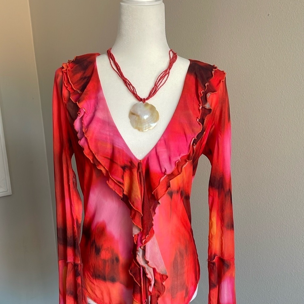 Fashion Nova Red Mesh Ruffled Women's Top Size 1X